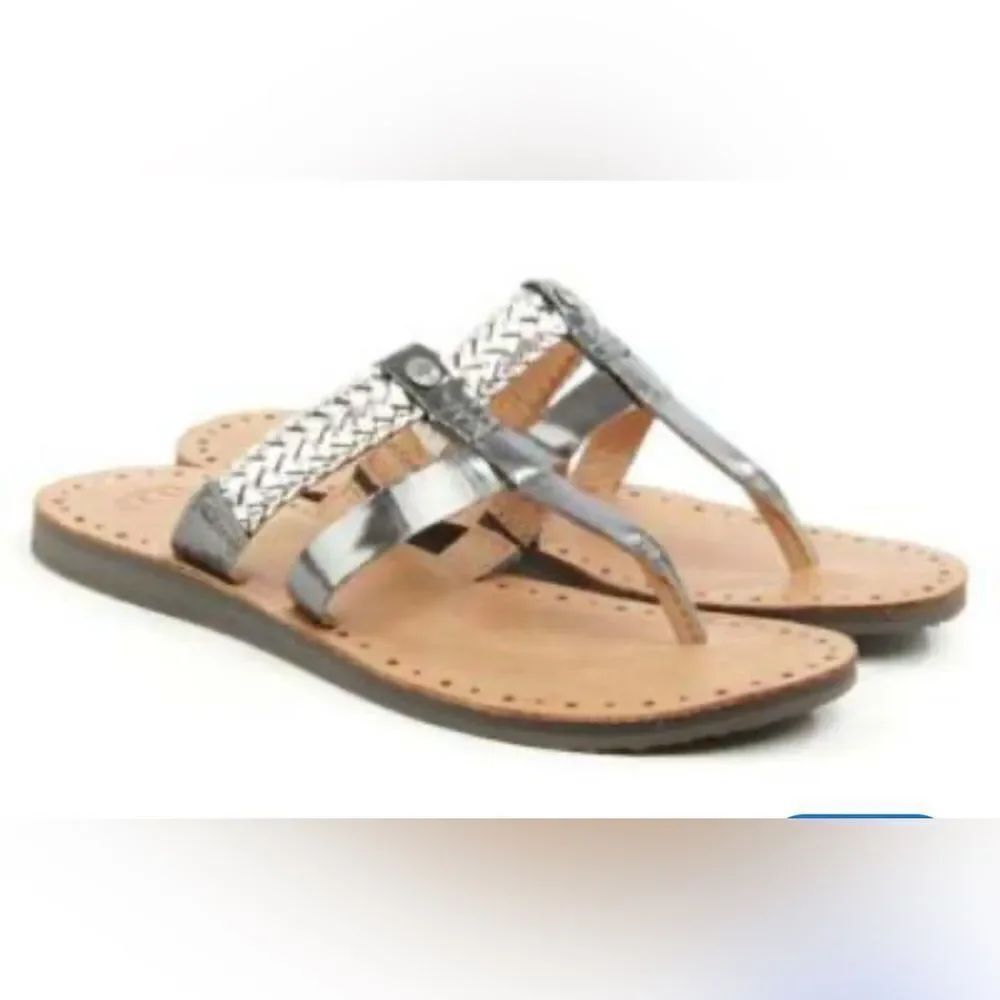 UGG Audra Metallic Silver Braid Leather Double Strap Thong Slide Boho Sandals
